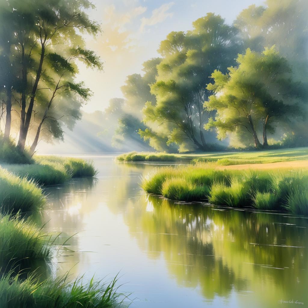 Serene Summer Riverbank Landscape Painting