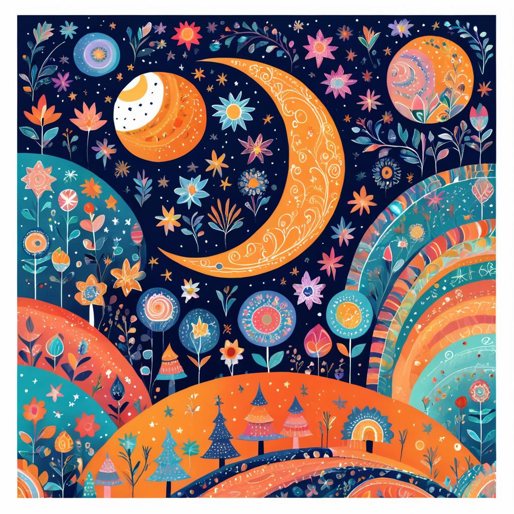 Colorful Whimsical Folk Art Moon