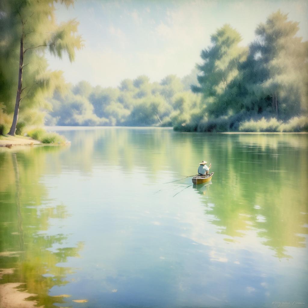 1940s Impressionist Fisherman at Lake