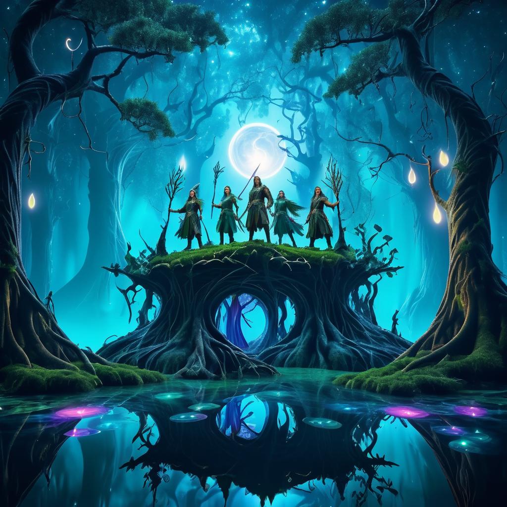 Elven Warriors in a Surreal Moonlit Forest