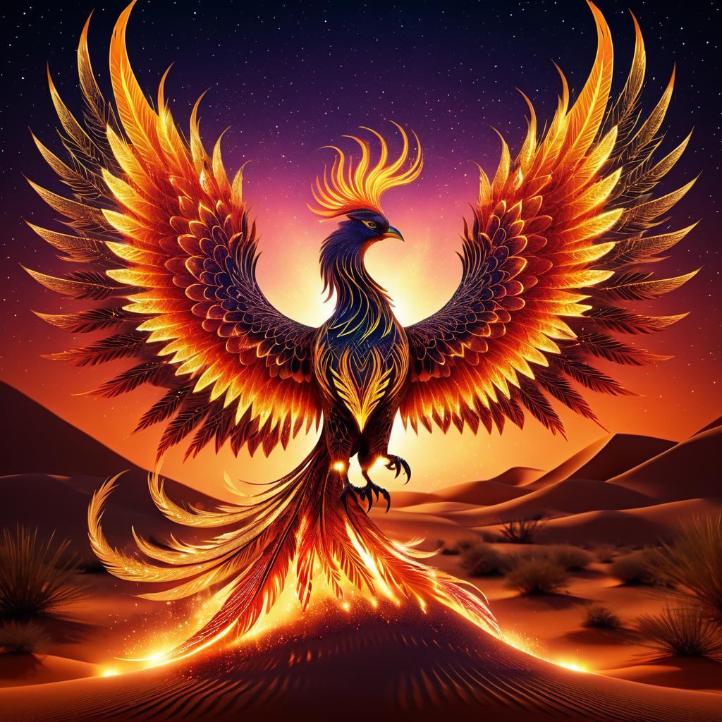 Mystical Phoenix in Fiery Desert Landscape