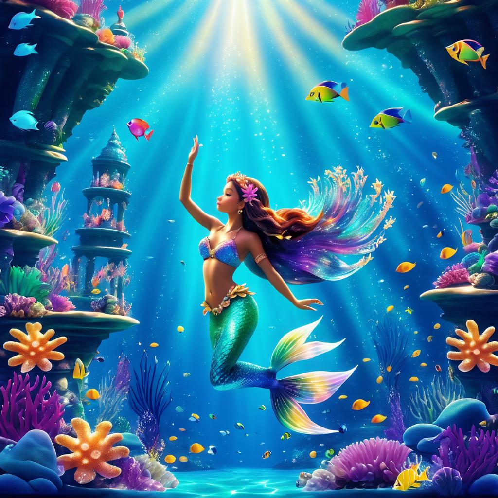 Whimsical Mermaid in Underwater Grotto