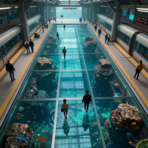 Photograph of futuristic subway station with underwater-themed glass floor, featuring aquatic plants, rocks, and fish, with people walking above.