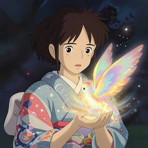Digital anime-style drawing of a young person with short brown hair, wearing a colorful kimono, gently holding a glowing, multi-colored butterfly in a dark