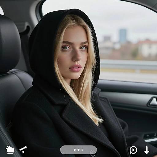 Blonde Woman in Black Hooded Coat Sitting in Car