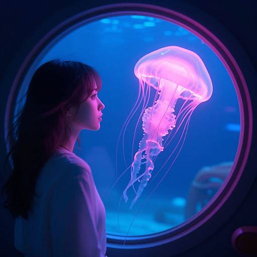 Photograph: Young woman with brown hair gazes at glowing purple and blue jellyfish through a circular aquarium window.