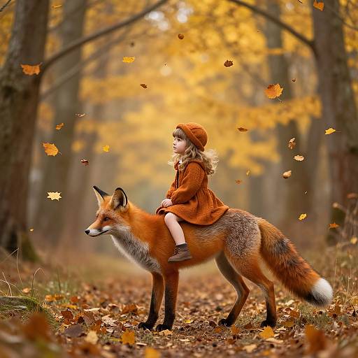 Photograph of a young girl in an orange dress and hat riding a red fox through an autumn forest, with falling leaves.