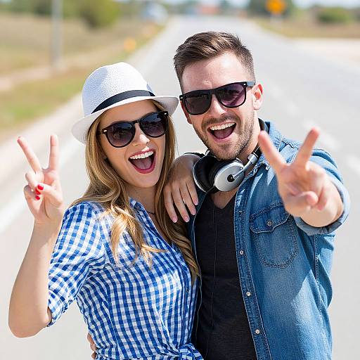 Sunny Couple Making Peace Signs