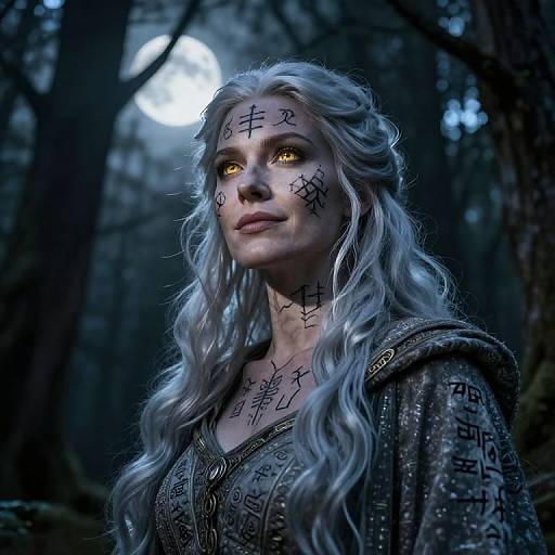 Digital artwork of a pale, silver-haired woman with glowing yellow eyes, tattooed face, and dark forest background, wearing medieval-style armor.