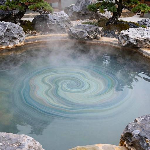 Photograph of a circular hot spring with swirling blue and green water, surrounded by large gray rocks and green pine trees.