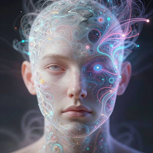 Digital artwork of a pale-skinned, androgynous face with swirling, neon-blue and pink light patterns over the forehead and cheeks, set against