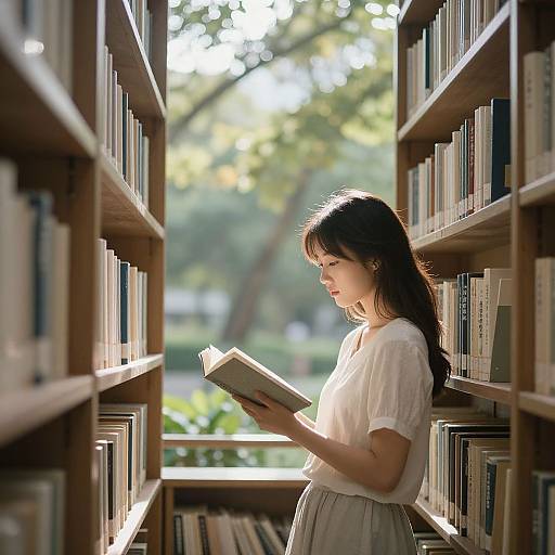 Photograph of an Asian woman with long black hair, wearing a white blouse and gray skirt, reading a book in a sunlit library aisle with tall