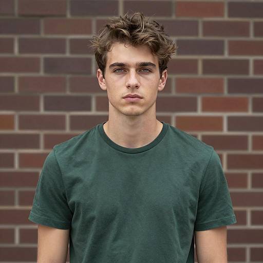 Young Man in Green T-Shirt Against Brick Wall