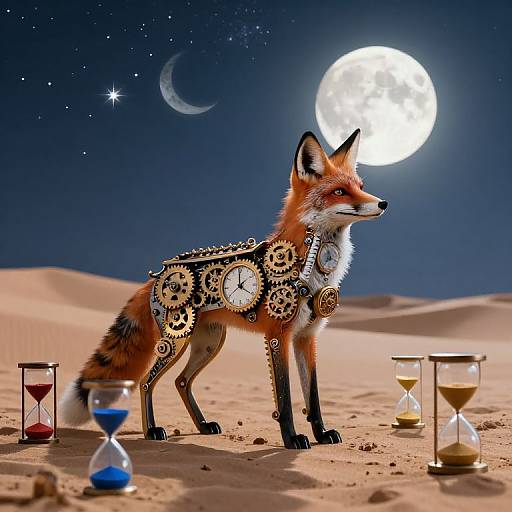 Photorealistic digital artwork of a fox with clockwork gears on its body, standing in a desert under a full moon and crescent starry night