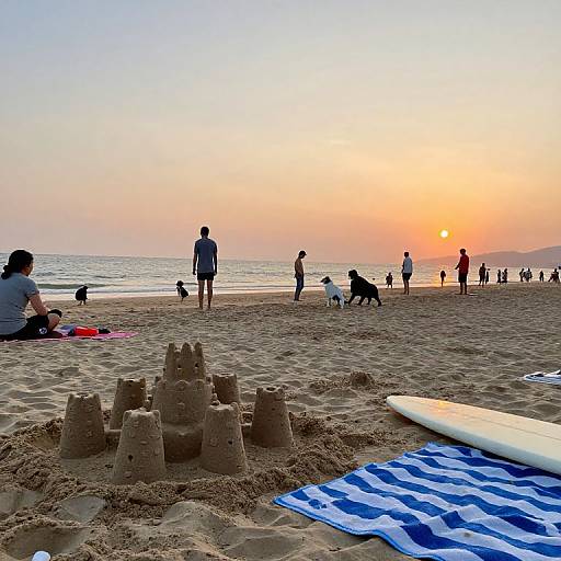 Photograph of a beach at sunset, featuring sandcastles in the foreground, people and dogs walking along the shore, and a blue-striped towel with