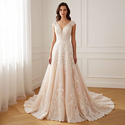 Photograph of a smiling woman in a white lace, V-neck, ball-gown wedding dress with a long train, standing in a bright, white