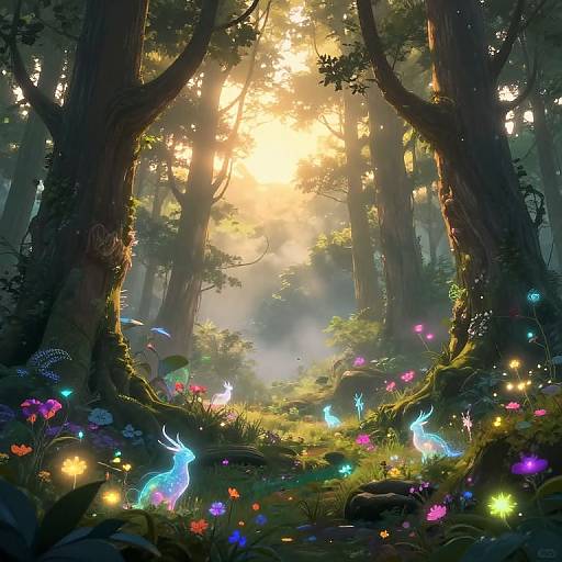 Magical forest scene with glowing blue deer, colorful flowers, and sunlight filtering through towering trees, creating a mystical, enchanting atmosphere. Digital art.