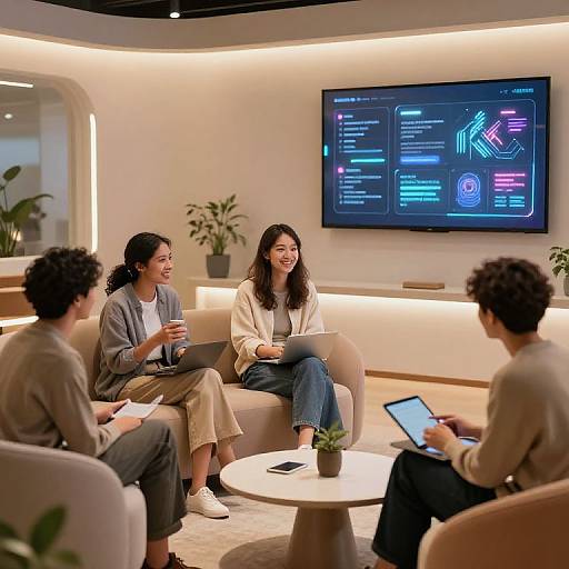 Photograph of four diverse young professionals, two women and two men, seated in a modern, well-lit lounge with a large, neon-lit
