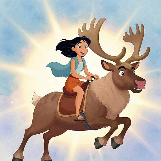 Cartoon-style drawing of a smiling girl with black hair riding a brown reindeer with large antlers against a bright, radiant sky.