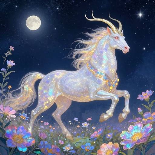 Digital artwork of a glowing, white unicorn with golden horns and a starry mane, leaping through a vibrant, moonlit meadow of colorful flowers
