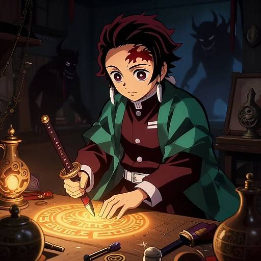 Anime-style drawing of a young male wizard with dark hair and green jacket, casting a spell with a glowing magical circle in a dimly lit, clutter