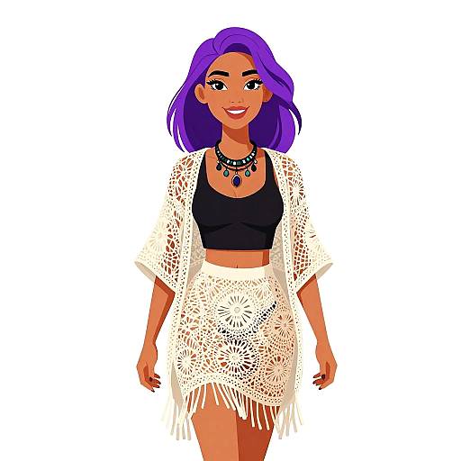 Digital illustration of a smiling woman with purple hair, wearing a black crop top, white lace shawl, and matching skirt, accessorized with a necklace