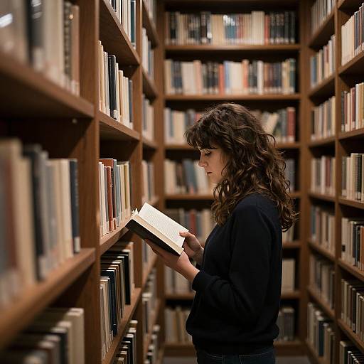 Photograph of a woman with wavy brown hair, wearing a black sweater, standing in a library aisle, reading a book. Wooden shelves filled with