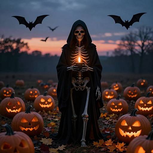 Photograph of a skeleton in a dark hooded cloak, holding a lit candle, surrounded by glowing jack-o'-lanterns and flying bats at