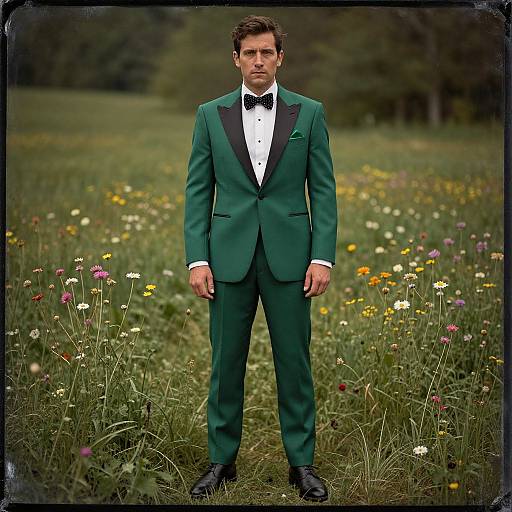 Photograph of a handsome man in a dark green tuxedo with black bow tie, standing in a field of colorful wildflowers.