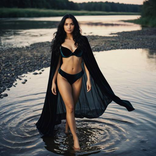 Woman in Velvet Cape Standing in River at Dusk