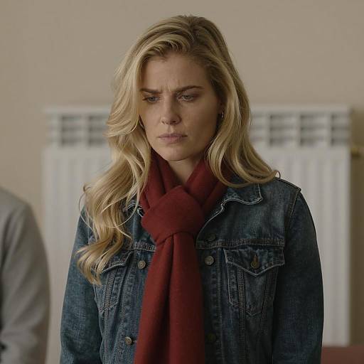 Blonde Woman in Denim Jacket and Red Scarf Looking Down