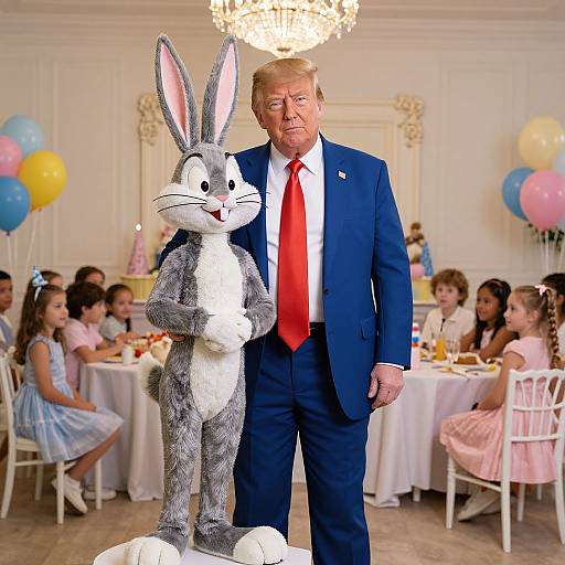 Photograph of Donald Trump in a blue suit with red tie, standing beside a gray-furred Bugs Bunny costume at a children's party with balloon decorations