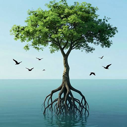 Digital illustration of a lone, green-leaved tree with sprawling roots in calm, blue water, surrounded by flying birds against a clear sky.