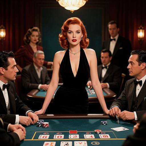 Photograph of a glamorous red-haired woman in a deep black halter dress, standing at a poker table surrounded by suited men. Dimly lit casino
