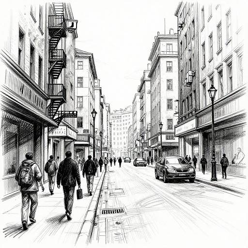 Black-and-white sketch of a bustling urban street with pedestrians, fire escapes, lampposts, and cars, depicting a lively cityscape.