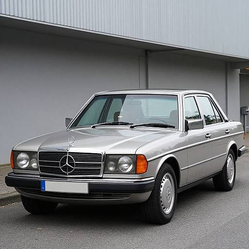 Photograph of a silver Mercedes-Benz sedan with orange headlights, parked in front of a gray, corrugated metal building.
