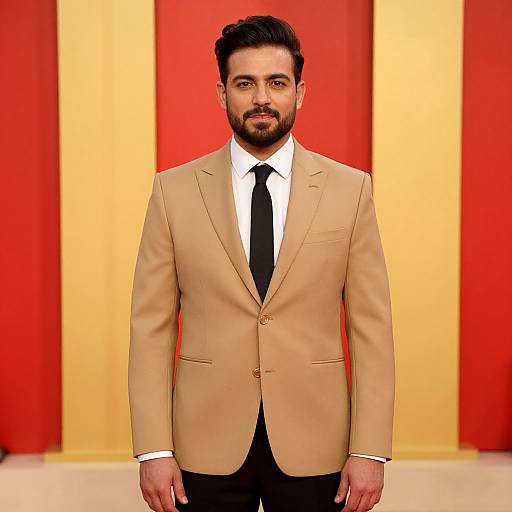 Photograph of a bearded man with dark hair, wearing a beige blazer, white shirt, and black tie, standing against a red and yellow