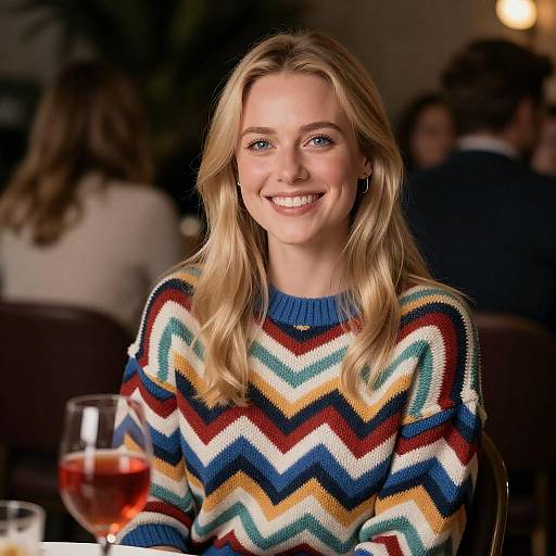Smiling Woman in Colorful Knit Sweater