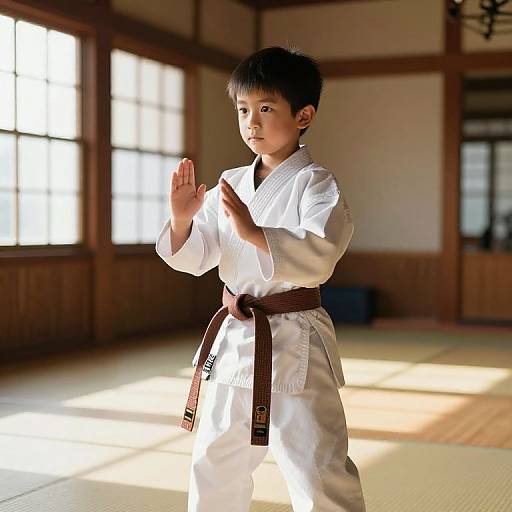 Confident Young Karate Boy in Dojo