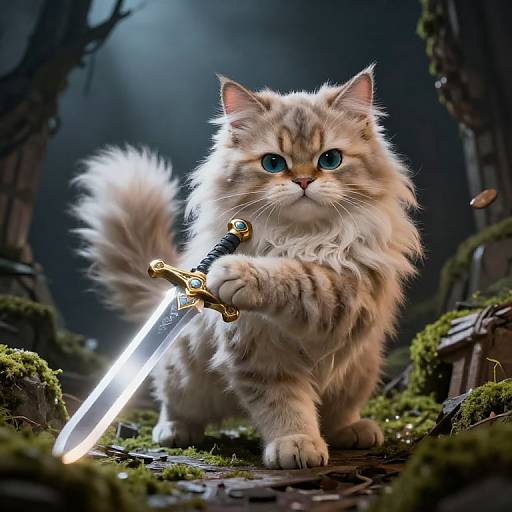 Digital artwork of a fluffy, blue-eyed, tabby kitten with a glowing sword in a dark, mossy forest, standing confidently.