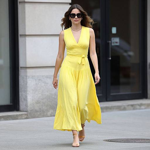 Photograph of a woman in a sleeveless, bright yellow, V-neck dress, black sunglasses, and open-toe sandals, walking on an urban