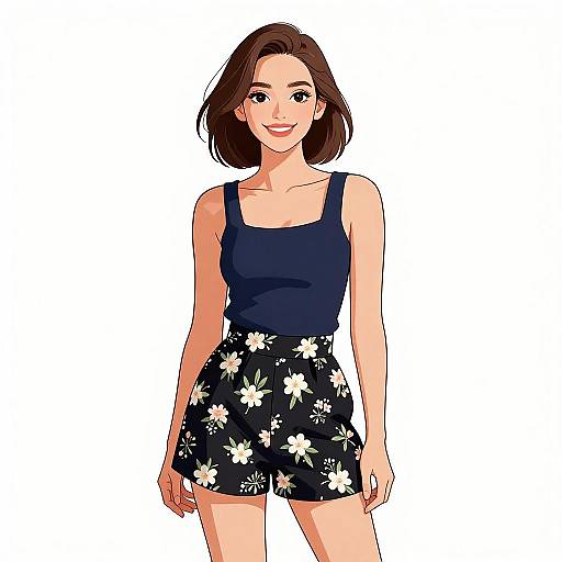Digital anime-style drawing of a smiling woman with medium brown hair, wearing a navy tank top and black floral shorts.