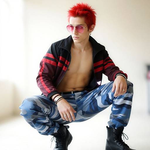 Photograph of a shirtless young man with red spiky hair, pink sunglasses, black and red jacket, blue camo pants, and black boots