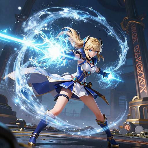 Digital anime artwork of a blonde, blue-eyed female warrior in a blue and white outfit, wielding a glowing blue energy sword in a dynamic, circular attack