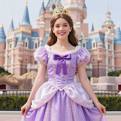 Photorealistic CGI of a smiling young girl in a lavender princess dress with a purple bow, gold crown, and castle background.