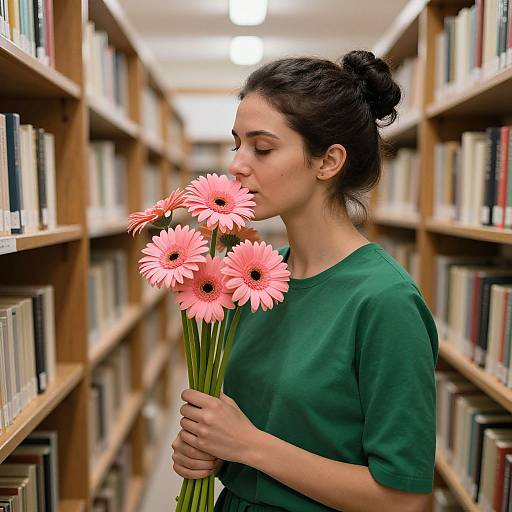 Photograph of a dark-haired woman in a green shirt, kissing pink gerbera daisies in a brightly lit library aisle.