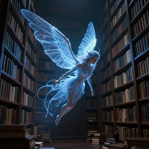 Photorealistic CGI of a glowing blue fairy with translucent wings flying between towering bookshelves in a dark, illuminated library.