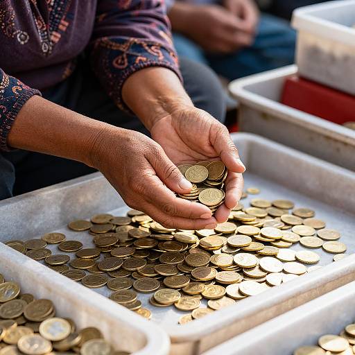Photograph of an elderly person's hands collecting gold coins from a white tray, wearing a patterned dark purple long-sleeve shirt.