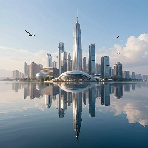 Photograph of a city skyline with tall skyscrapers, including a central, tallest spire, reflected in calm water, under a clear blue sky