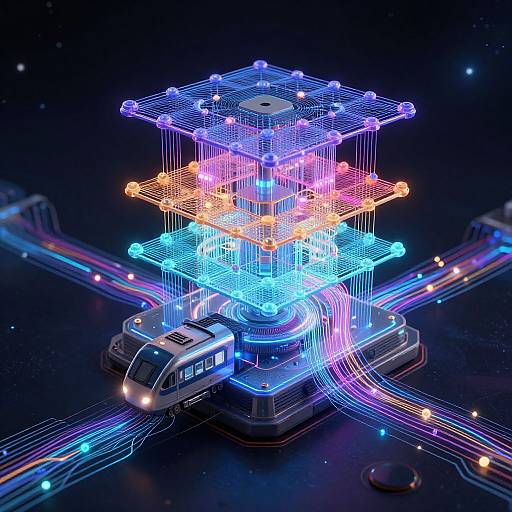 Neon-lit, futuristic, multi-layered, wireframe structure with glowing blue, pink, and orange lights, connected to a hovering train on